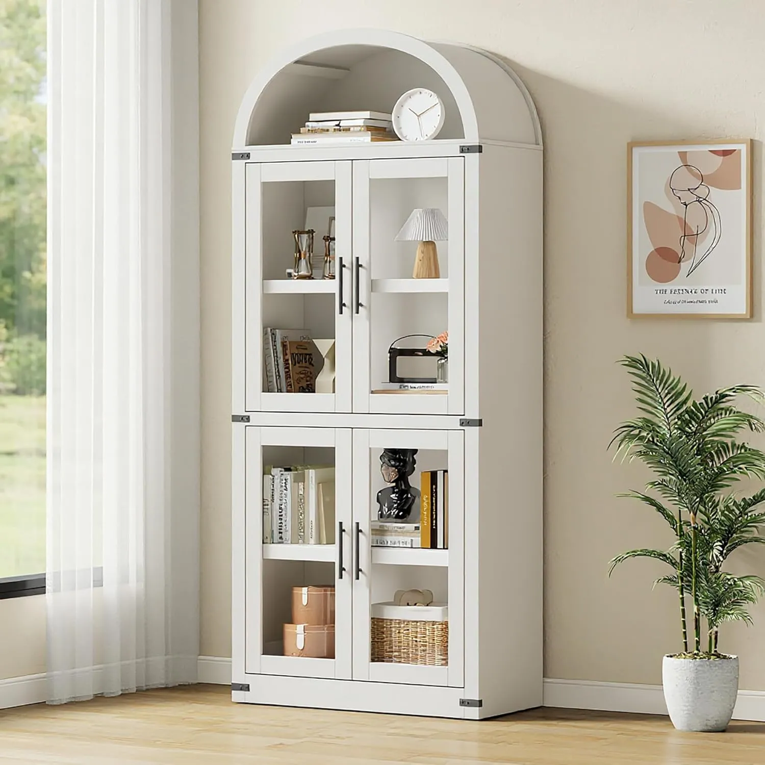 Arched Bookshelf with Doors, 15.83 in Deep, Farmhouse