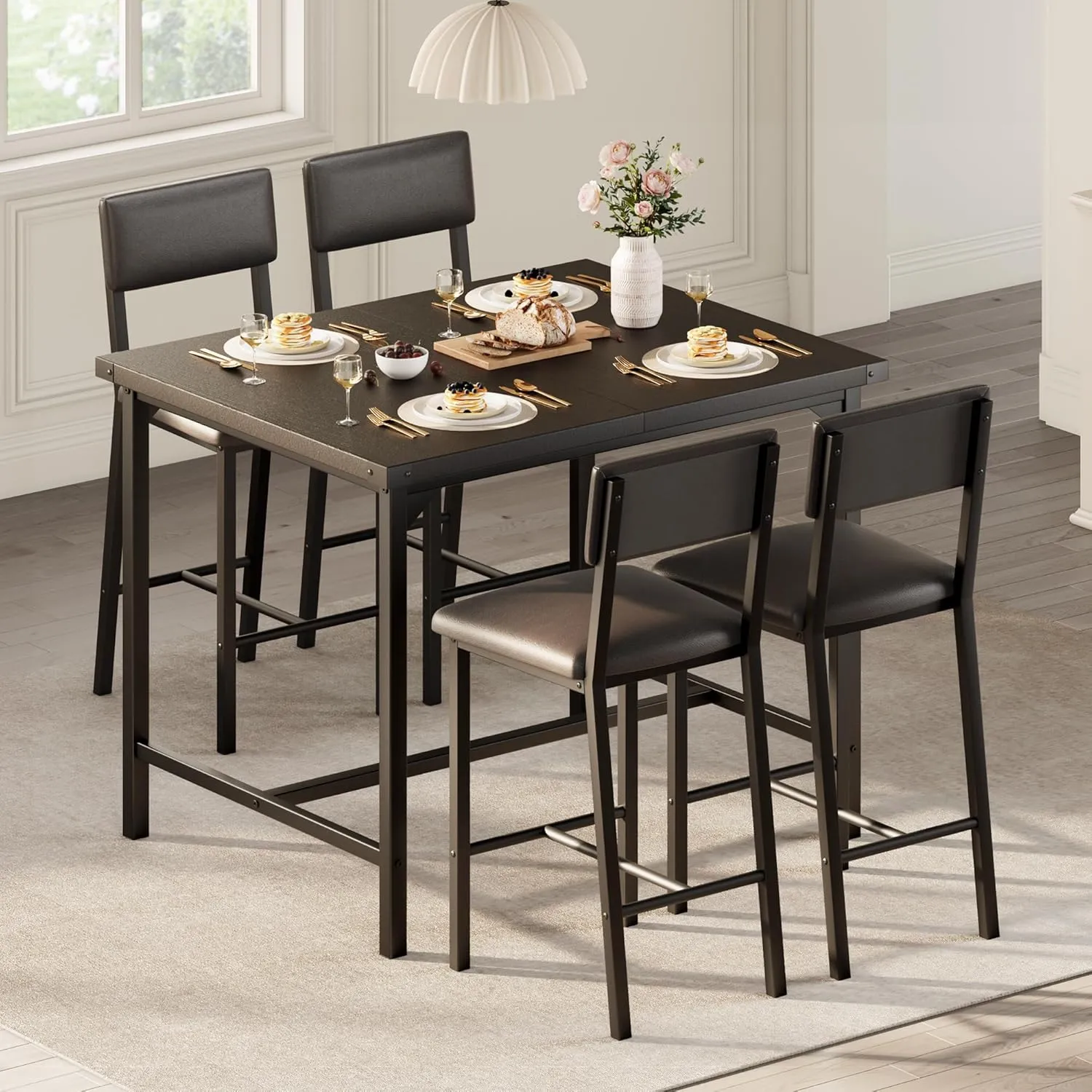 Dining Table and 4 Upholstered Bar Stools, 5-Piece Set